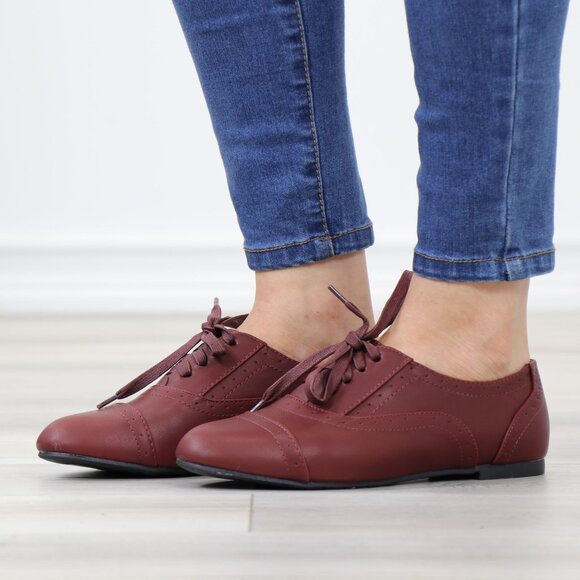 Wine Synthetic Leather Lace up Flat Heel Oxford Style Shoes - Picture 12 of 13